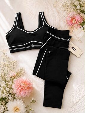 Alo Black Sports Bra & Legging Set with White Contrast Piping